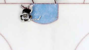SAN JOSE, CALIFORNIA - APRIL 23: Marc-Andre Fleury #29 of the Vegas Golden Knights lies on the ice after Barclay Goodrow #23 of the San Jose Sharks scored the game-winning goal in overtime in Game Seven of the Western Conference First Round during the 2019 NHL Stanley Cup Playoffs at SAP Center on April 23, 2019 in San Jose, California. (Photo by Ezra Shaw/Getty Images)