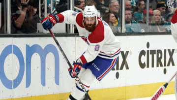 Mar 7, 2019; San Jose, CA, USA; Montreal Canadiens defenseman Jordie Benn (8) controls the puck against the San Jose Sharks during the second period at SAP Center at San Jose. Mandatory Credit: Stan Szeto-USA TODAY Sports