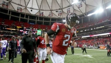 Nov 29, 2015; Atlanta, GA, USA; Atlanta Falcons quarterback Matt Ryan (2) jogs off of the field after their game against the Minnesota Vikings at the Georgia Dome. The Vikings won 20-10. Mandatory Credit: Jason Getz-USA TODAY Sports