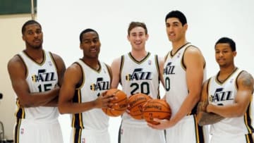 Sep 30, 2013; Salt Lake City, UT, USA; Utah Jazz players from left to right forward/center Derrick Favors , guard Alec Burks (10) , forward Gordon Hayward (20), center Enes Kanter (0) and guard Trey Burke (3) pose for a photo at Zions Bank Basketball Center. Mandatory Credit: Chris Nicoll-USA TODAY Sports