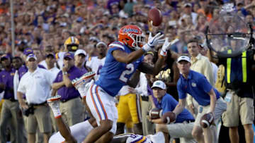 GAINESVILLE, FL - OCTOBER 07: Brad Stewart #2 of the Florida Gators atttempts a reception during the game against the LSU Tigers at Ben Hill Griffin Stadium on October 7, 2017 in Gainesville, Florida. (Photo by Sam Greenwood/Getty Images)