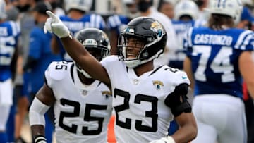 JACKSONVILLE, FLORIDA - SEPTEMBER 13: CJ Henderson #23 of the Jacksonville Jaguars celebrates after making an interception during the game against the Indianapolis Colts at TIAA Bank Field on September 13, 2020 in Jacksonville, Florida. (Photo by Sam Greenwood/Getty Images)