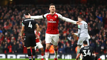 LONDON, ENGLAND - JANUARY 20: Laurent Koscielny of Arsenal celebrates after scoring his sides third goal during the Premier League match between Arsenal and Crystal Palace at Emirates Stadium on January 20, 2018 in London, England. (Photo by Clive Mason/Getty Images)