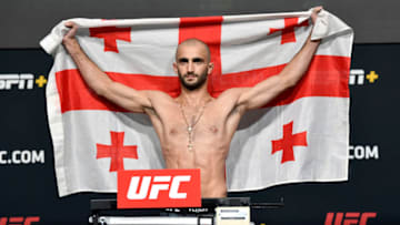 LAS VEGAS, NEVADA - APRIL 30: In this UFC handout, Giga Chikadze of Georgia poses on the scale during the UFC weigh-in at UFC APEX on April 30, 2021 in Las Vegas, Nevada. (Photo by Jeff Bottari/Zuffa LLC via Getty Images)