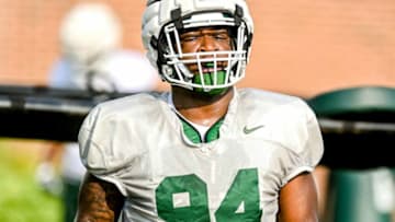 Michigan State's Dashaun Mallory prepares for a drill during the opening day of fall camp on Thursday, Aug. 5, 2021, on the MSU campus in East Lansing.210805 Msu Fball Camp 047a
