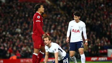 LIVERPOOL, ENGLAND - FEBRUARY 04: Harry Kane of Tottenham Hotspur reacts after winning a penalty during the Premier League match between Liverpool and Tottenham Hotspur at Anfield on February 4, 2018 in Liverpool, England. (Photo by Clive Brunskill/Getty Images)