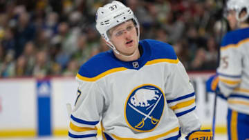Jan 28, 2023; Saint Paul, Minnesota, USA; Buffalo Sabres center Casey Mittelstadt (37) returns to the bench against the Minnesota Wild in the third period at Xcel Energy Center. Mandatory Credit: Matt Blewett-USA TODAY Sports
