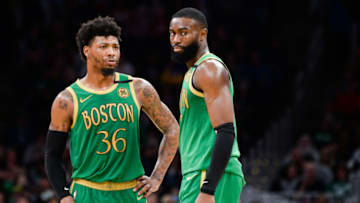 BOSTON, MA - MARCH 3: Marcus Smart #36 and Jaylen Brown #7 of the Boston Celtics in the second half of the game against the Brooklyn Nets at TD Garden on March 3, 2020 in Boston, Massachusetts. NOTE TO USER: User expressly acknowledges and agrees that, by downloading and or using this photograph, User is consenting to the terms and conditions of the Getty Images License Agreement. (Photo by Kathryn Riley/Getty Images)