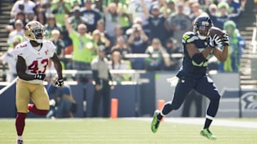 Sep 25, 2016; Seattle, WA, USA; Seattle Seahawks wide receiver Doug Baldwin (89) catches a pass for a first down during the first quarter in a game against the San Francisco 49ers at CenturyLink Field. Mandatory Credit: Troy Wayrynen-USA TODAY Sports