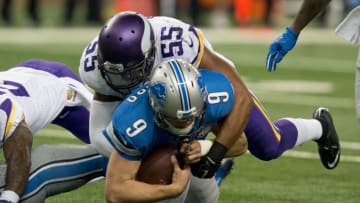 DETROIT, MI - OCTOBER 25: Matthew Stafford #9 of the Detroit Lions is sacked by Anthony Barr #55 of the Minnesota Vikings in the second half during an NFL game at Ford Field on October 25, 2015 in Detroit, Michigan. (Photo by Dave Reginek/Getty Images)