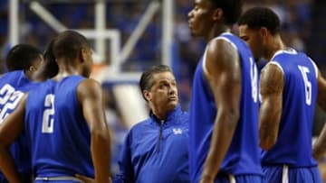 Oct 27, 2014; Lexington, KY, USA; Kentucky Wildcats head coach John Calipari instructs his players during the Blue-White Scrimmage at Rupp Arena. Mandatory Credit: Mark Zerof-USA TODAY Sports