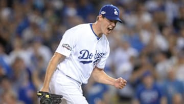 Oct 18, 2016; Los Angeles, CA, USA; Los Angeles Dodgers starting pitcher Rich Hill (44) reacts after a strike out during the sixth inning against the Chicago Cubs in game three of the 2016 NLCS playoff baseball series at Dodger Stadium. Mandatory Credit: Gary A. Vasquez-USA TODAY Sports
