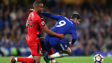 LONDON, ENGLAND - MAY 09: Alvaro Morata of Chelsea is challenged by Mathias Jorgensen of Huddersfield Town during the Premier League match between Chelsea and Huddersfield Town at Stamford Bridge on May 9, 2018 in London, England. (Photo by Catherine Ivill/Getty Images)