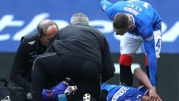 GLASGOW, SCOTLAND - SEPTEMBER 12: Alfredo Morelos of Rangers receives medical treatment during the Ladbrokes Scottish Premiership match between Rangers and Dundee United at Ibrox Stadium on September 12, 2020 in Glasgow, Scotland. (Photo by Ian MacNicol/Getty Images)