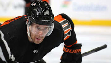 PHILADELPHIA, PA - MARCH 31: Corban Knight #10 of the Philadelphia Flyers looks on prior to a face-off against the New York Rangers on March 31, 2019 at the Wells Fargo Center in Philadelphia, Pennsylvania. (Photo by Len Redkoles/NHLI via Getty Images)