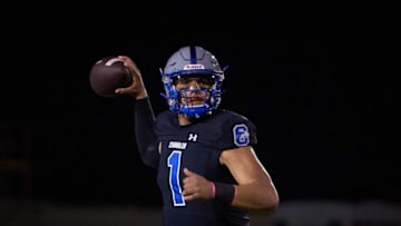 Oct 28, 2022; Chandler, AZ, USA; Chandler Wolves quarterback Dylan Raiola (1) makes a pass against the Basha Bears at Austin Field in Chandler on Friday, Oct. 28, 2022. Mandatory Credit: Alex Gould/The RepublicHigh School Football Chandler Football Game Basha At Chandler