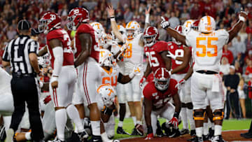 TUSCALOOSA, ALABAMA - OCTOBER 19: Brian Maurer #18 of the Tennessee Volunteers reacts after rushing for a touchdown against the Alabama Crimson Tide in the first half at Bryant-Denny Stadium on October 19, 2019 in Tuscaloosa, Alabama. (Photo by Kevin C. Cox/Getty Images)
