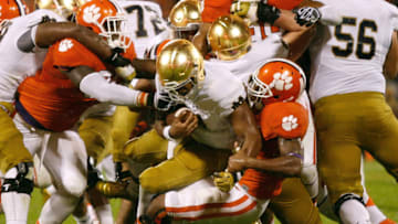 CLEMSON, SC - OCTOBER 3: DeShone Kizer #14 of the Notre Dame Fighting Irish is sacked during the game against the Clemson Tigers at Clemson Memorial Stadium on October 3, 2015 in Clemson, South Carolina. (Photo by Tyler Smith/Getty Images)
