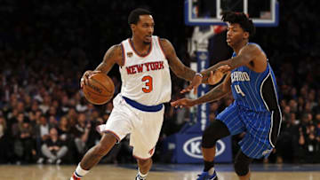 Jan 2, 2017; New York, NY, USA; New York Knicks guard Brandon Jennings (3) drives to the basket defended by Orlando Magic guard Elfrid Payton (4) during the second half at Madison Square Garden. Mandatory Credit: Adam Hunger-USA TODAY Sports