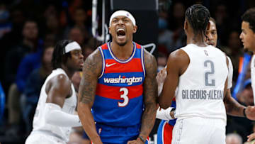 Washington Wizards guard Bradley Beal (3) celebrates after scoring a basket against the OKC Thunder: Alonzo Adams-USA TODAY Sports