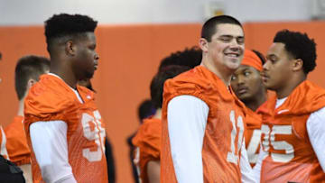 Clemson defensive end Myles Murphy(98), left, and defensive lineman Bryan Bresee(11) during Spring practice in Clemson Wednesday, February 26, 2020.Clemson Football Spring Practice