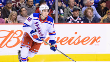 VANCOUVER, BC - FEBRUARY 28: New York Rangers Defenceman John Gilmour (58) skates up ice during their NHL game against the Vancouver Canucks at Rogers Arena on February 28, 2018 in Vancouver, British Columbia, Canada. New York won 6-5. (Photo by Derek Cain/Icon Sportswire via Getty Images)