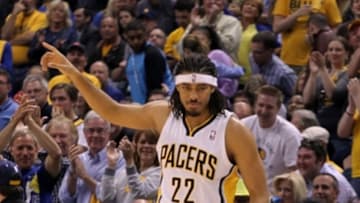 Apr 22, 2014; Indianapolis, IN, USA; Indiana Pacers forward Chris Copeland (22) checks into the game against the Atlanta Hawks in game two during the first round of the 2014 NBA Playoffs at Bankers Life Fieldhouse. Indiana defeats Atlanta 101-85. Mandatory Credit: Brian Spurlock-USA TODAY Sports
