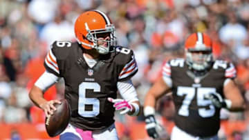 Oct 12, 2014; Cleveland, OH, USA; Cleveland Browns quarterback Brian Hoyer (6) prepares to throw the ball during the first quarter against the Pittsburgh Steelers at FirstEnergy Stadium. Mandatory Credit: Andrew Weber-USA TODAY Sports