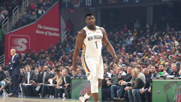 CLEVELAND, OH - JANUARY 28: Zion Williamson #1 of the New Orleans Pelicans looks on against the Cleveland Cavaliers on January 28, 2020 at Rocket Mortgage FieldHouse in Cleveland, Ohio. NOTE TO USER: User expressly acknowledges and agrees that, by downloading and/or using this Photograph, user is consenting to the terms and conditions of the Getty Images License Agreement. Mandatory Copyright Notice: Copyright 2020 NBAE (Photo by Nathaniel S. Butler/NBAE via Getty Images)