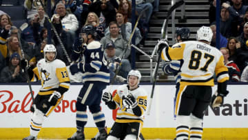 COLUMBUS, OHIO - NOVEMBER 14: Jake Guentzel #59 of the Pittsburgh Penguins reacts after scoring a goal during the second period of the game against the Columbus Blue Jackets at Nationwide Arena on November 14, 2023 in Columbus, Ohio. (Photo by Kirk Irwin/Getty Images)