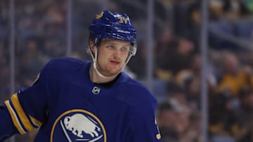Mar 23, 2022; Buffalo, New York, USA; Buffalo Sabres center Casey Mittelstadt (37) before a game against the Pittsburgh Penguins at KeyBank Center. Mandatory Credit: Timothy T. Ludwig-USA TODAY Sports