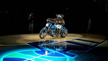 November 19, 2012; Salt Lake City, UT, USA; The Utah Jazz mascot enters the court on his Harley Davidson prior to a game against the Houston Rockets at EnergySolutions Arena. Mandatory Credit: Russ Isabella-USA TODAY Sports