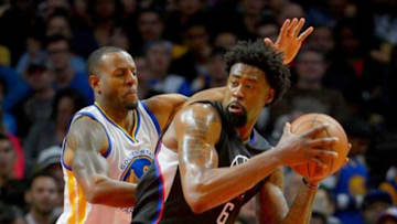 Feb 20, 2016; Los Angeles, CA, USA; Golden State Warriors forward Andre Iguodala (9) guards Los Angeles Clippers center DeAndre Jordan (6) in the first quarter of the game at Staples Center. Mandatory Credit: Jayne Kamin-Oncea-USA TODAY Sports