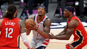 Bradley Beal #3 of the Washington Wizards puts up a shot in front of Steven Adams #12 and Eric Bledsoe #5 of the New Orleans Pelicans (Photo by Rob Carr/Getty Images)