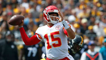 PITTSBURGH, PA - SEPTEMBER 16: Patrick Mahomes #15 of the Kansas City Chiefs drops back to pass in the first half during the game against the Pittsburgh Steelers at Heinz Field on September 16, 2018 in Pittsburgh, Pennsylvania. (Photo by Justin K. Aller/Getty Images)