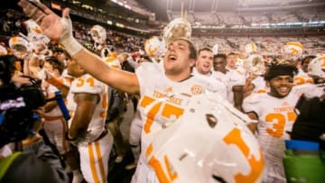 Nov 1, 2014; Columbia, SC, USA; Tennessee Volunteers offensive lineman Kyler Kerbyson (77) sings Rocky Top following their overtime win over the South Carolina Gamecocks at Williams-Brice Stadium. Mandatory Credit: Jeff Blake-USA TODAY Sports
