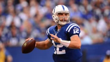 Sep 28, 2014; Indianapolis, IN, USA; Indianapolis Colts quarterback Andrew Luck (12) looks to pass during the third quarter against the Tennessee Titans at Lucas Oil Stadium. Mandatory Credit: Andrew Weber-USA TODAY Sports