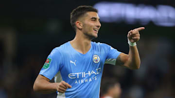 MANCHESTER, ENGLAND - SEPTEMBER 21: Ferran Torres of Manchester City celebrates after scoring their fourth goal during the Carabao Cup Third Round match between Manchester City and Wycombe Wanderers F.C. at Etihad Stadium on September 21, 2021 in Manchester, England. (Photo by James Gill - Danehouse/Getty Images)