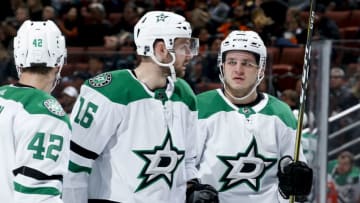 ANAHEIM, CA - DECEMBER 12: Jason Dickinson #16 and Mattias Janmark #13 of the Dallas Stars talk during a break in the first period of the game against the Anaheim Ducks at Honda Center on December 12, 2018 in Anaheim, California. (Photo by Debora Robinson/NHLI via Getty Images)