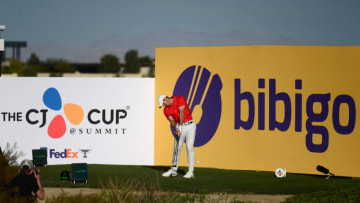 Oct 17, 2021; Las Vegas, Nevada, USA; Rory McIlroy tees off on the 18th during the final round of the CJ Cup golf tournament. Mandatory Credit: Joe Camporeale-USA TODAY Sports