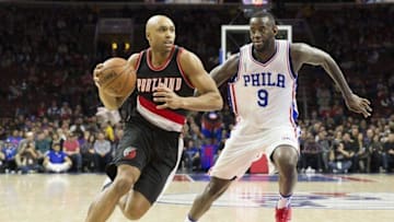 Jan 16, 2016; Philadelphia, PA, USA; Portland Trail Blazers guard Gerald Henderson (9) dribbles past Philadelphia 76ers guard JaKarr Sampson (9) during the second quarter at Wells Fargo Center. Mandatory Credit: Bill Streicher-USA TODAY Sports