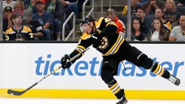 BOSTON, MA - SEPTEMBER 23: Boston Bruins center David Backes (42) passes up ice during a preseason game between the Boston Bruins and the Philadelphia Flyers on September 23, 2019, at TD Garden in Boston, Massachusetts. (Photo by Fred Kfoury III/Icon Sportswire via Getty Images)