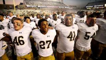 CHESTNUT HILL, MA - SEPTEMBER 16: The Notre Dame Fighting Irish sing their alma mater after defeating the Boston College Eagles 49-20 at Alumni Stadium on September 16, 2017 in Chestnut Hill, Massachusetts. (Photo by Maddie Meyer/Getty Images)