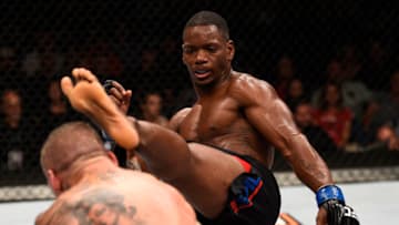 LAS VEGAS, NV - JULY 08: (R-L) Will Brooks kicks Ross Pearson of England in their lightweight bout during The Ultimate Fighter Finale event at MGM Grand Garden Arena on July 8, 2016 in Las Vegas, Nevada. (Photo by Jeff Bottari/Zuffa LLC/Zuffa LLC via Getty Images)