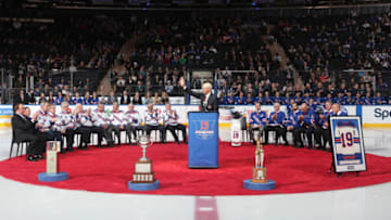 NEW YORK, NY - FEBRUARY 25: New York Rangers legend and Hockey Hall of Famer, Jean Ratelle, speaks to the crowd prior to having his #19 jersey raised to the rafters of Madison Square Garden during his jersey retirement night prior to the game against the Detroit Red Wings on February 25, 2018 in New York City. (Photo by Jared Silber/NHLI via Getty Images)