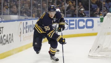 Mar 5, 2016; Buffalo, NY, USA; Buffalo Sabres defenseman Rasmus Ristolainen (55) skates with the puck behind the net during the first period against the Minnesota Wild at First Niagara Center. Mandatory Credit: Timothy T. Ludwig-USA TODAY Sports