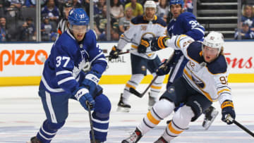 Timothy Liljegren #37 of the Toronto Maple Leafs during an NHL pre-season game at Scotiabank Arena on September 21, 2018 in Toronto, Ontario, Canada. The Maple Leafs defeated the Sabres 5-3. (Photo by Claus Andersen/Getty Images)