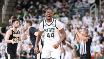 EAST LANSING, MI - FEBRUARY 26: Gabe Brown #44 of the Michigan State Spartans celebrates during the game against the Purdue Boilermakers at Breslin Center on February 26, 2022 in East Lansing, Michigan. (Photo by Rey Del Rio/Getty Images)