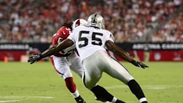 Aug. 17, 2012; Glendale, AZ, USA; Oakland Raiders linebacker (55) Rolando McClain against the Arizona Cardinals during a preseason game at University of Phoenix Stadium. The Cardinals defeated the Raiders 31-27. Mandatory Credit: Mark J. Rebilas-USA TODAY Sports