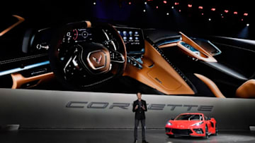 TUSTIN, CA - JULY 18: Tadge Juechter, Corvette Executive Chief Engineer, introduces the 2020 mid-engine C8 Corvette Stingray by General Motors during a news conference on July 18, 2019 in Tustin, California. (Photo by Kevork Djansezian/Getty Images)